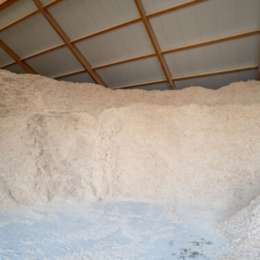 A mountain of wood chips made from solid wood in a warehouse